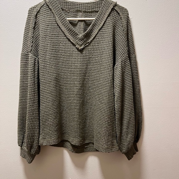 not available Sweaters - Boho Oversized Textured Comfy Waffle Knit Sweater, Sz S, Army Green (brand unav)